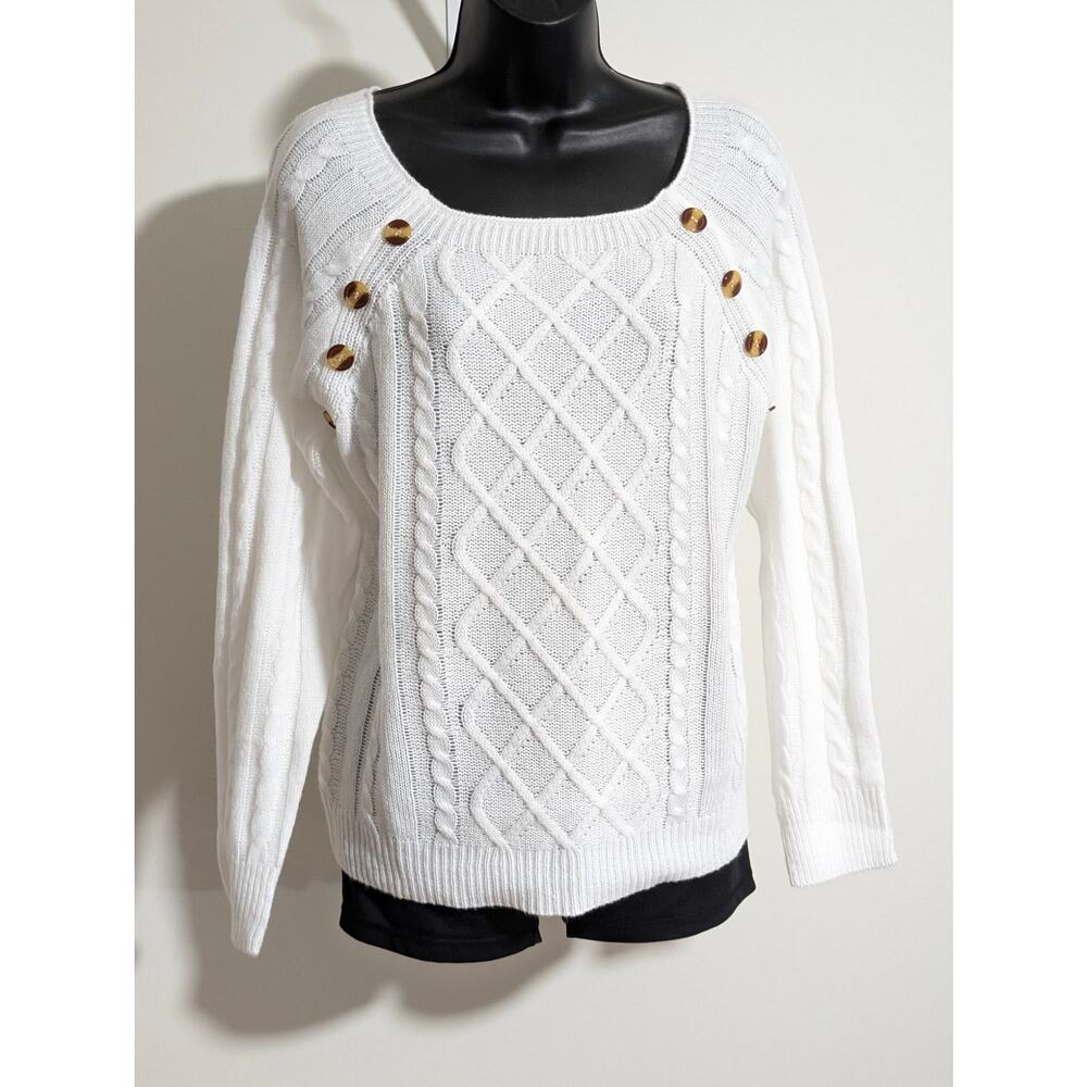 White Cable Knit Sweater with Button Detail Pullover Long Sleeve Size Medium